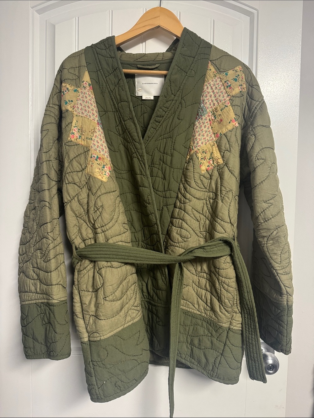 Anthropologie Olive Quilted Wrap Jacket with Floral Patchwork